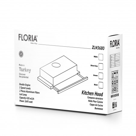 Απορροφητήρας Floria ZLN3680, 95 W, 2 μοτέρ, 420 m3/h, 3 επίπεδα ισχύος, 60 cm, Λευκό