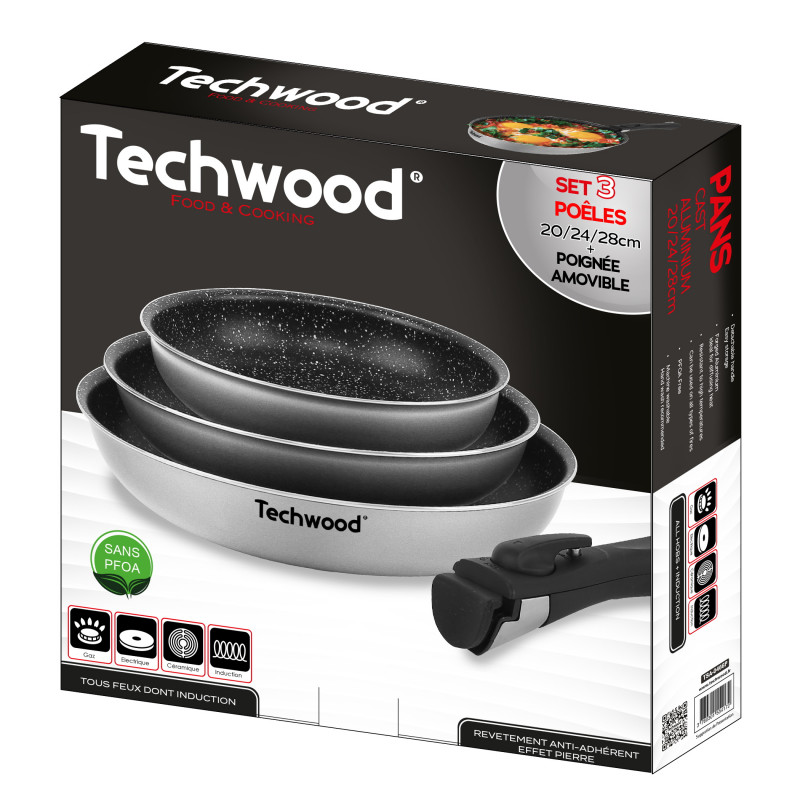 Σετ τηγάνια με αποσπώμενη λαβή Techwood TSA-0466P, 3 τχμ., Επαγωγή, Μαρμάρινη επίστρωση, Ασήμι