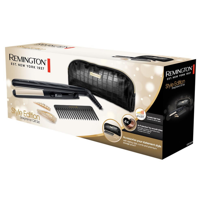 Πρέσα μαλλιών Remington S3505GP, Τετραπλή επίστρωση, 230C , Tαχεία προθέρμανση, Αξεσουάρ, Μαύρο