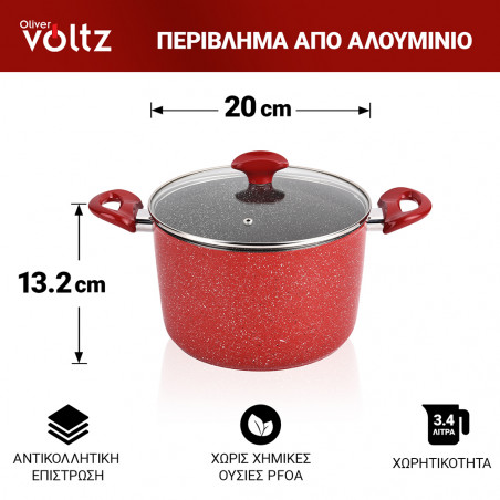 Βαθιά κατσαρόλα Oliver Voltz OV54418A20D 20 cm, 3,4l, Μαρμάρινη Επίστρωση, Επαγωγή, Κόκκινο