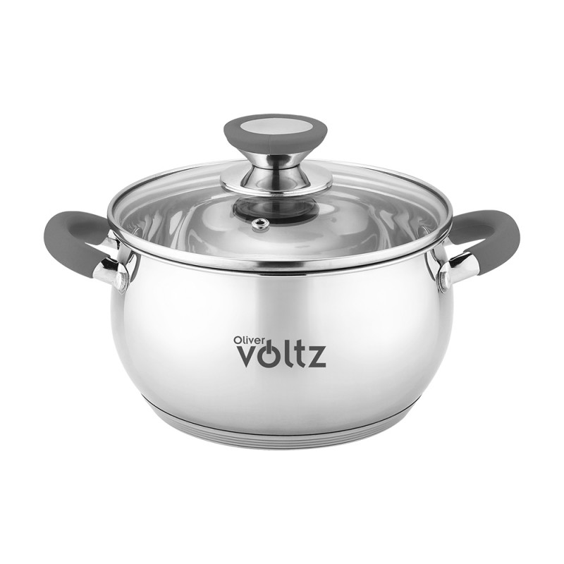 Κατσαρόλα Oliver Voltz OV51210N18, 18 cm, 2.5 l, Επαγωγή, Γκρι λαβές από σιλικόνη, Inox/Γκρί