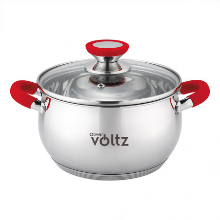 Κατσαρόλα Oliver Voltz OV51210N20, 20 cm, 3.5 l, Επαγωγή, Κόκκινες λαβές από σιλικόνη, Inox/Κόκκινος