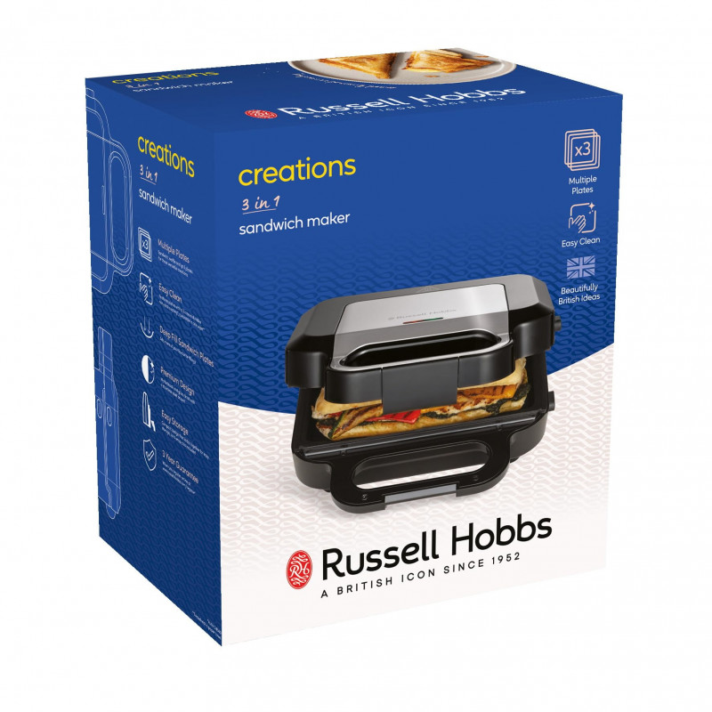 Συσκευή 3 σε 1 Russell Hobbs Creation 26810-56, 750W, 3 αφαιρούμενες πλάκες, Γκριλ, Βάφλες, Σάντουιτς, Ανοξείδωτο, Μαύρο