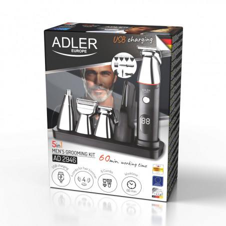 Adler AD 2946 5in1 κιτ φροντίδας για άνδρες, 600 mAh, 6 εξαρτήματα, 60 λεπτά αυτονομίας, οθόνη LCD, μαύρο/inox