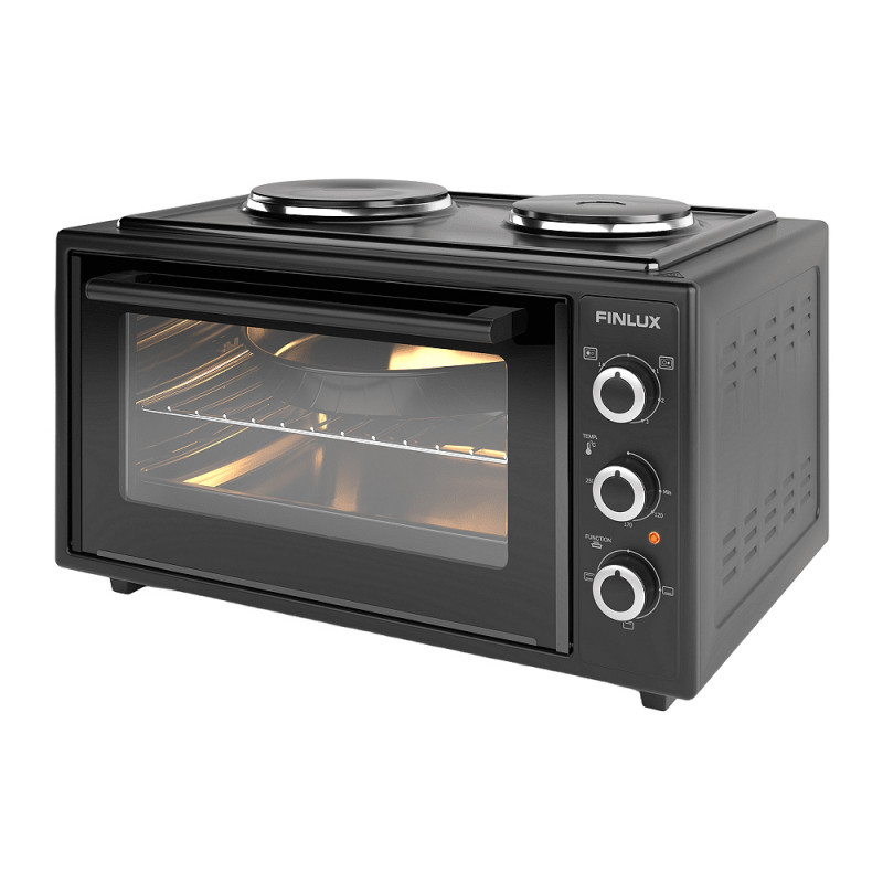 Μικρή κουζίνα Finlux FMC-4535BF, 45 l, 1600 W, δύο εστίες, 3 λειτουργίες, Σμάλτο, Μαύρο