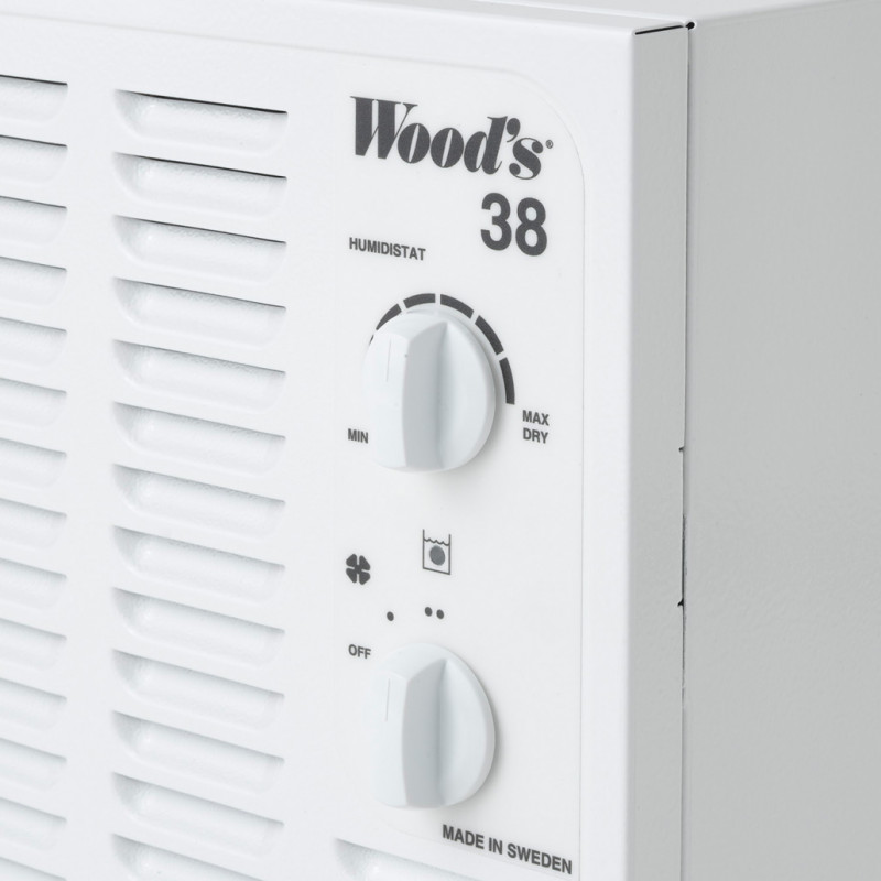 Αφυγραντήρας Woods SW-38FW, Μέχρι 140 m2, 336 m3, 19l/24h, Για γκαράζ και υπόγεια, Hydrostat, i-EcoDefrost, Τροχοί, Λευκό