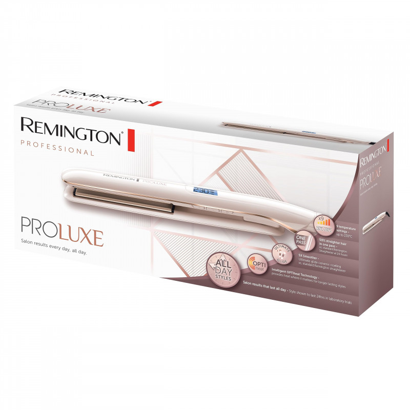 Πρέσα μαλλιών Remington PROluxe S9100, Κεραμικές πλάκες Ultimate Glide, OPTIheat, 9 ρυθμίσεις θερμότητας, 230°C, LCD, Λευκό