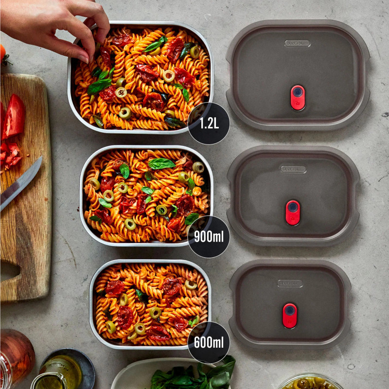 Τάπερ φαγητού Black+Blum Meal Prep FBSS-BX-L017, 1,2 l, Ορθογώνιο, Κατάλληλο για φούρνο, Χωρίς BPA, Ανοξείδωτο ατσάλι, Γκρι/Κόκκινο