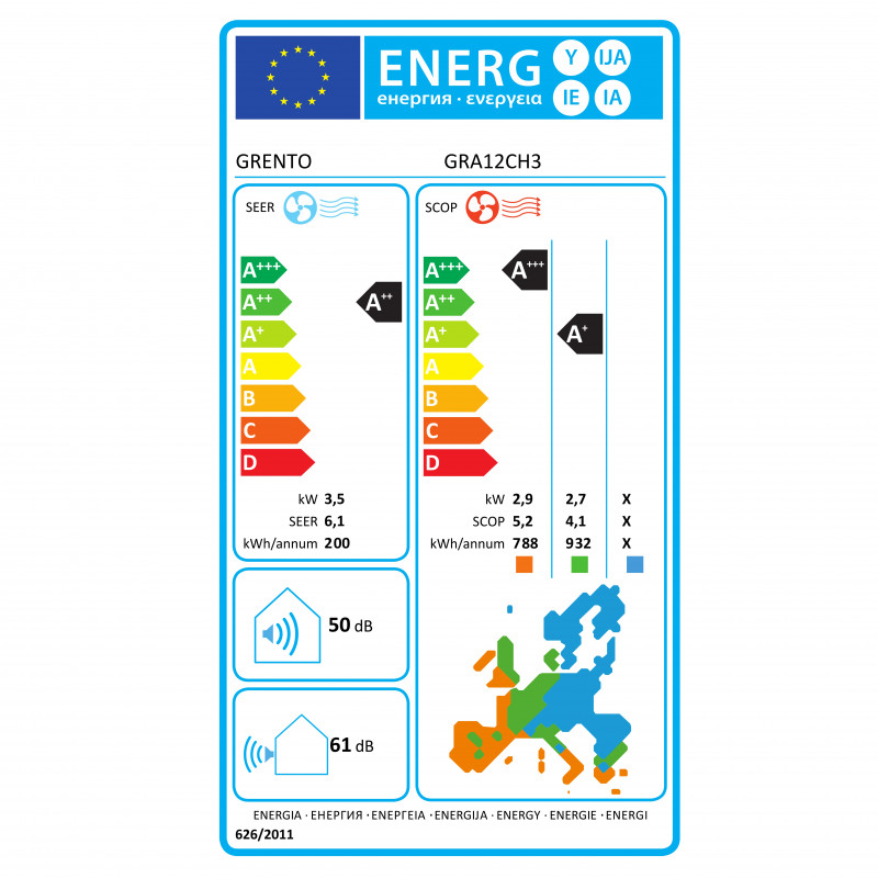 Κλιματιστικό inverter Grento GRA12CH3, 12000 BTU, A++/A+, LED οθόνη, Αυτοκαθαριζόμενο, Wi-Fi, I Feel, Λευκό