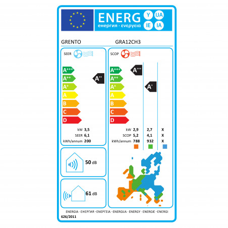 Κλιματιστικό inverter Grento GRA12CH3, 12000 BTU, A++/A+, LED οθόνη, Αυτοκαθαριζόμενο, Wi-Fi, I Feel, Λευκό