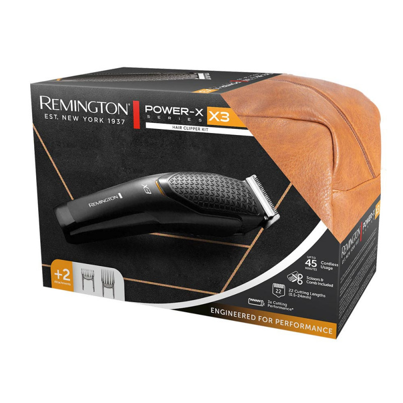 Σετ κουρευτικής μηχανής με αξεσουάρ Remington Power X3 HC3000GP, 0,5-25 mm, Αυτονομία 40 min, Ατσάλινες λεπίδες, USB, Μαύρο