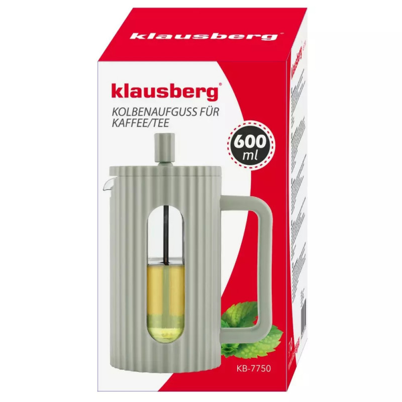 Πρέσα γαλλικού καφέ/τσάι Klausberg KB 7750, 0.6 l, Μη θερμαινόμενο σώμα, Γυάλινη, Μέντα