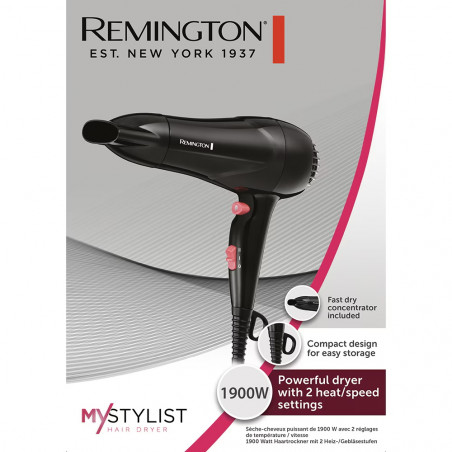 Πιστολάκι μαλλιών Remington MyStylist D2000, 1900W, 2 ρυθμίσεις θερμότητας/ταχύτητας, Κεραμικό πλέγμα, Cool shot, Μαύρο