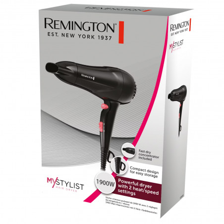 Πιστολάκι μαλλιών Remington MyStylist D2000, 1900W, 2 ρυθμίσεις θερμότητας/ταχύτητας, Κεραμικό πλέγμα, Cool shot, Μαύρο