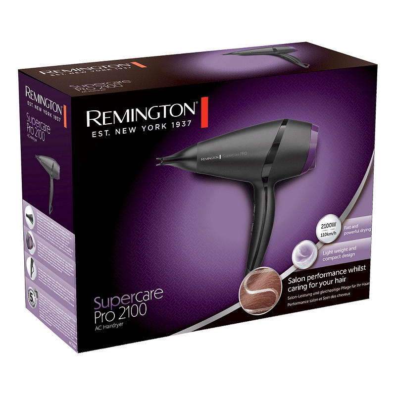 Στεγνωτήρας μαλλιών Remington AC7100 Pro 2100, 2100W, 3 θερμοκρασίες, 2 ταχύτητες, μοτέρ εναλλασσόμενου ρεύματος, κεραμικό πλέγμα ιονισμού, Μαύρο/μωβ