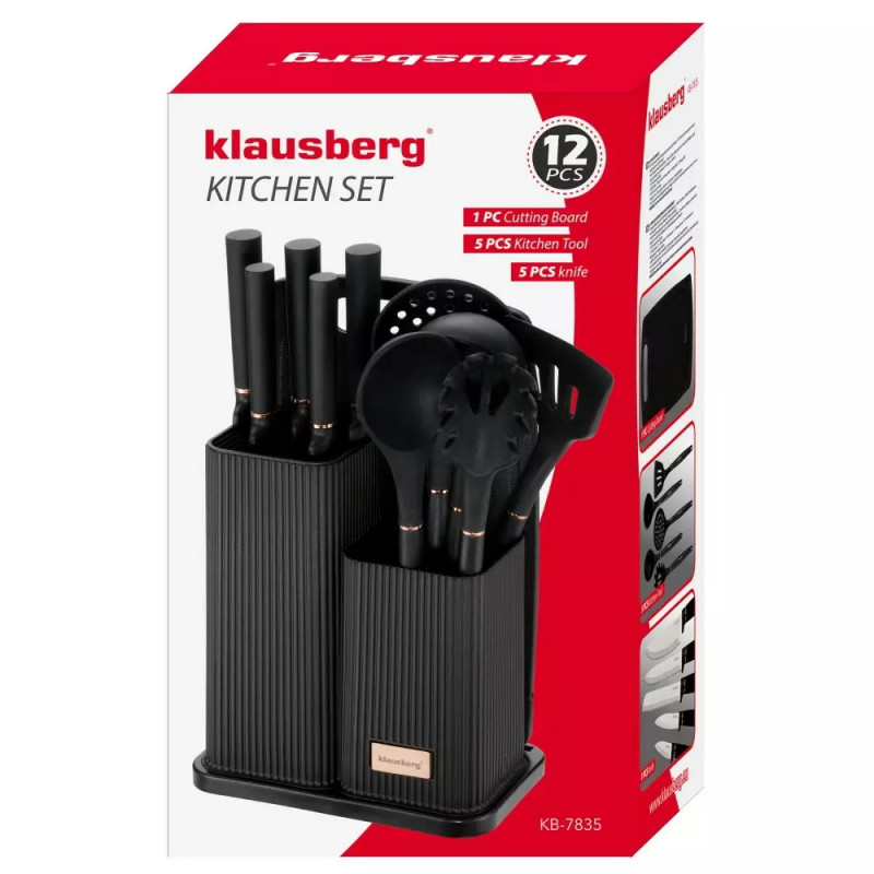 Σετ μαγειρικά σκεύη Klausberg KB 7835, 12 τεμ., Ανοξείδωτο ατσάλι, Μαύρο