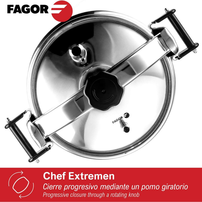 Χύτρα ταχύτητας Fagor Chef Extremen 100602653, 15 L, 30 cm, 50 kPa, 3 συστήματα ασφαλείας, Αλουμίνιο, Ασημί