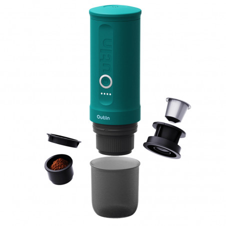 Φορητή μηχανή εσπρέσο Outin Nano Teal, 12/24 V, 7500mAh, 20bar, 80 ml, φόρτιση USB, Αλεσμένο + κάψουλες, Τυρκουάζ