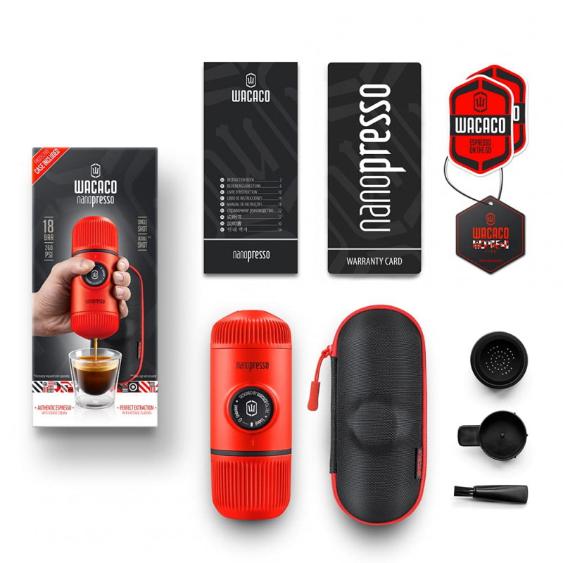 Φορητή μηχανή εσπρέσο Wacaco Nanopresso Lava Red, 18bar, 80 ml, Για αλεσμένο καφέ, Δεν χρειάζεται φόρτιση ή μπαταρίες, Θήκη μεταφοράς, Κόκκινο