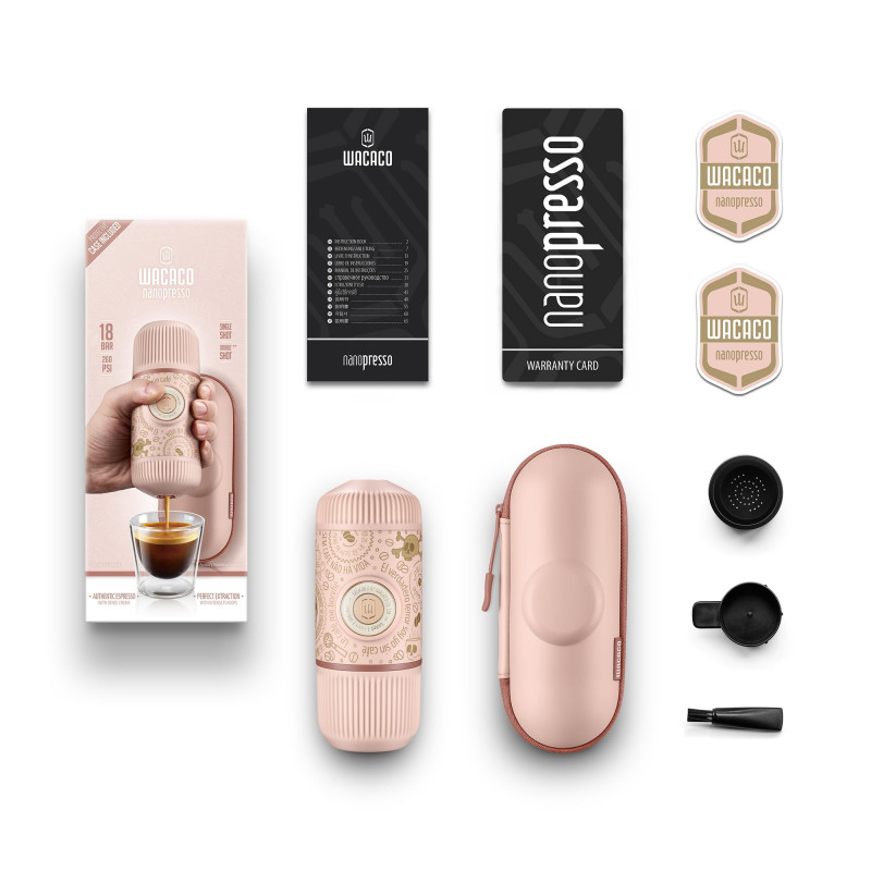 Φορητή μηχανή εσπρέσο Wacaco Nanopresso Dark Soul Pink, 18bar, 80 ml, Για αλεσμένο καφέ, Δεν χρειάζεται φόρτιση ή μπαταρίες, Θήκη μεταφοράς, Ροζ