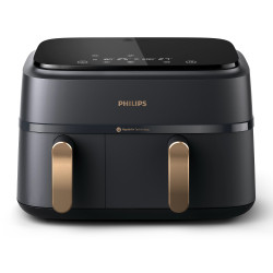 Διπλή φριτέζα ζεστού αέρα Philips NA352/00, 2750 W, 6+3 L, 80-200C, 1,5 kg, 8 προγράμματα, Οθόνη αφής, Αντιγραφή και συγχρονισμός, Μαύρο