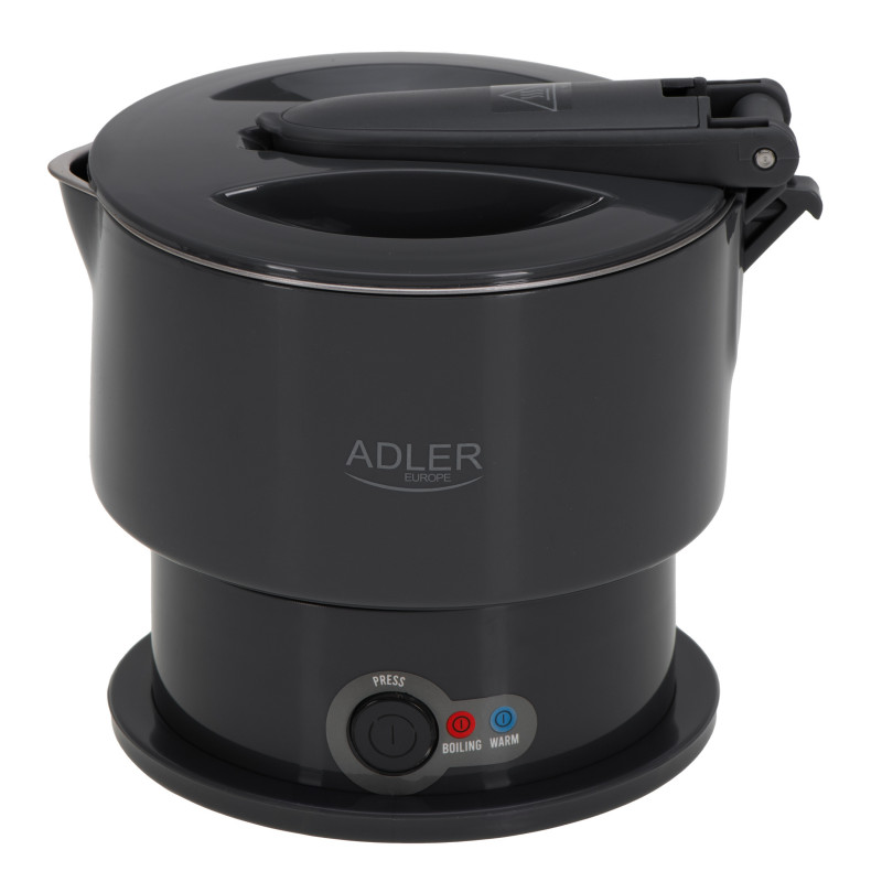 Τουριστικός ηλεκτρικός βραστήρας Adler AD 1377, 600W, 0,6 l, Αναδιπλούμενο σώμα σιλικόνης, Προστασία υπερθέρμανσης, Ένδειξη φωτός, Γκρι/Μαύρο