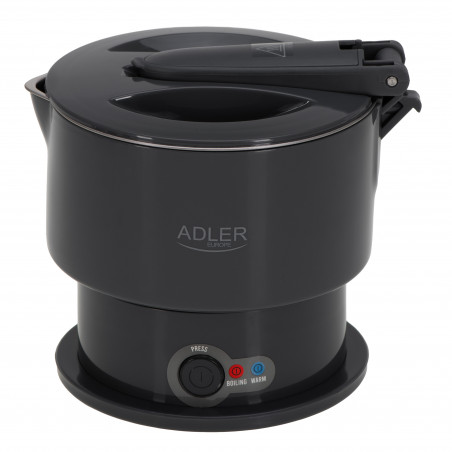 Τουριστικός ηλεκτρικός βραστήρας Adler AD 1377, 600W, 0,6 l, Αναδιπλούμενο σώμα σιλικόνης, Προστασία υπερθέρμανσης, Ένδειξη φωτός, Γκρι/Μαύρο