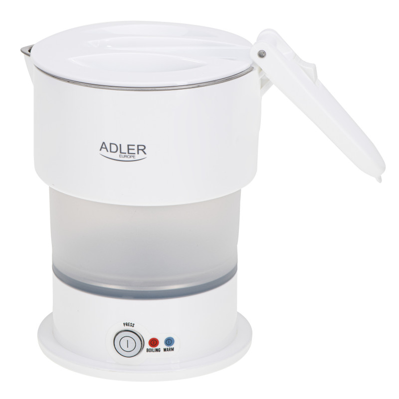 Τουριστικός ηλεκτρικός βραστήρας Adler AD 1377, 600W, 0,6 l, Αναδιπλούμενο σώμα σιλικόνης, Προστασία από υπερθέρμανση, Ένδειξη φωτός, Λευκό