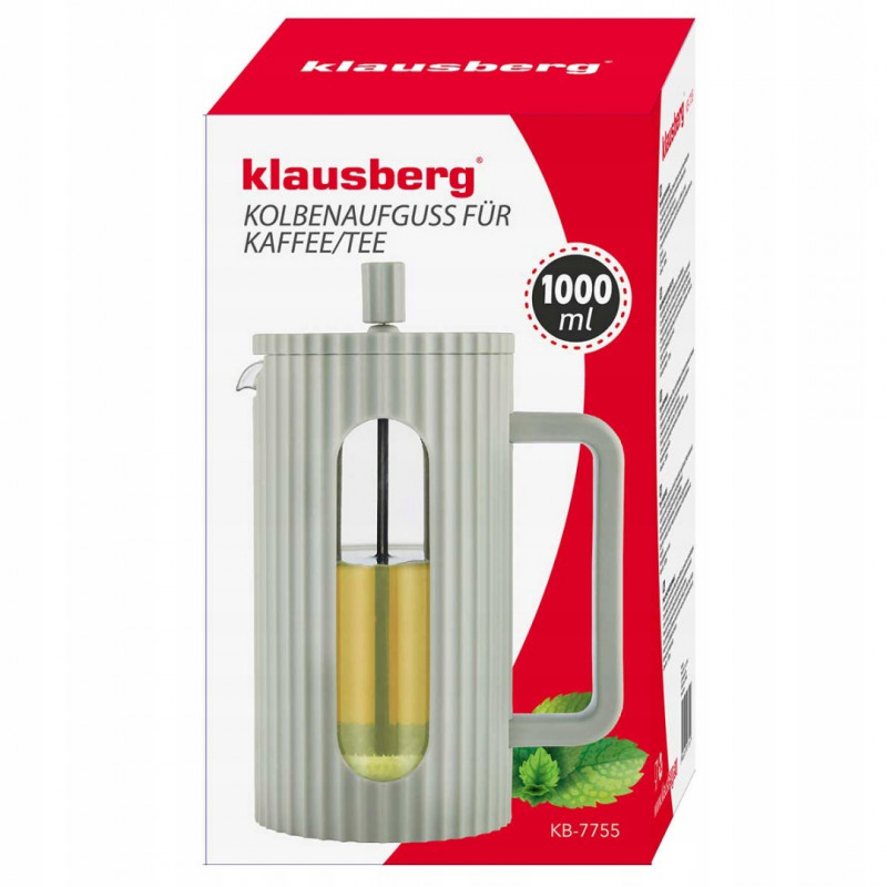 Πρέσα γαλλικού καφέ/τσάι Klausberg KB 7755, 1 l, Μη θερμαινόμενο σώμα, Γυάλινη, Νομισματοκοπείο