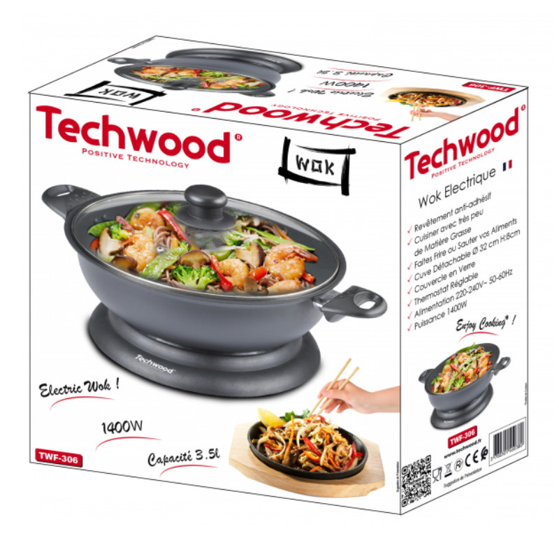 Ηλεκτρικό γουόκ Techwood TWF-306, 1400W, 3.6 l, 32x8 cm, Γυάλινο καπάκι, Θερμοστάτης, Αντικολλητική επίστρωση, Γκρι